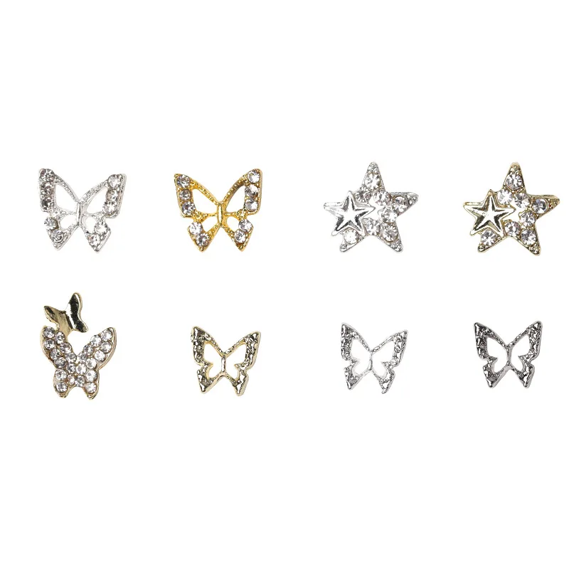 Oco Pentagram Star Butterfly Nail Art Charms, cristais brilhantes, Diamante Nails Decorações, Liga 3D, Acessórios de luxo, 10pcs