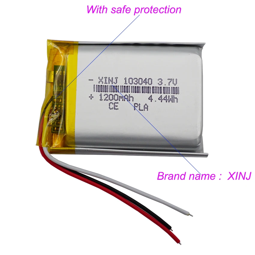 Termistor de batería Lipo recargable, 3,7 V, 1200mAh, 4,44wh, 103040, 3 cables para cámara, Altavoz Bluetooth, grabadora de conducción, luz LED