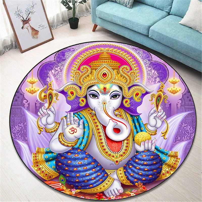 Indian Elephant God Ganesha Round Carpet for Living Room Rugs Camping Picnic Mats Flannel Anti-Slip Rug Yoga Mat Prayer Carpet