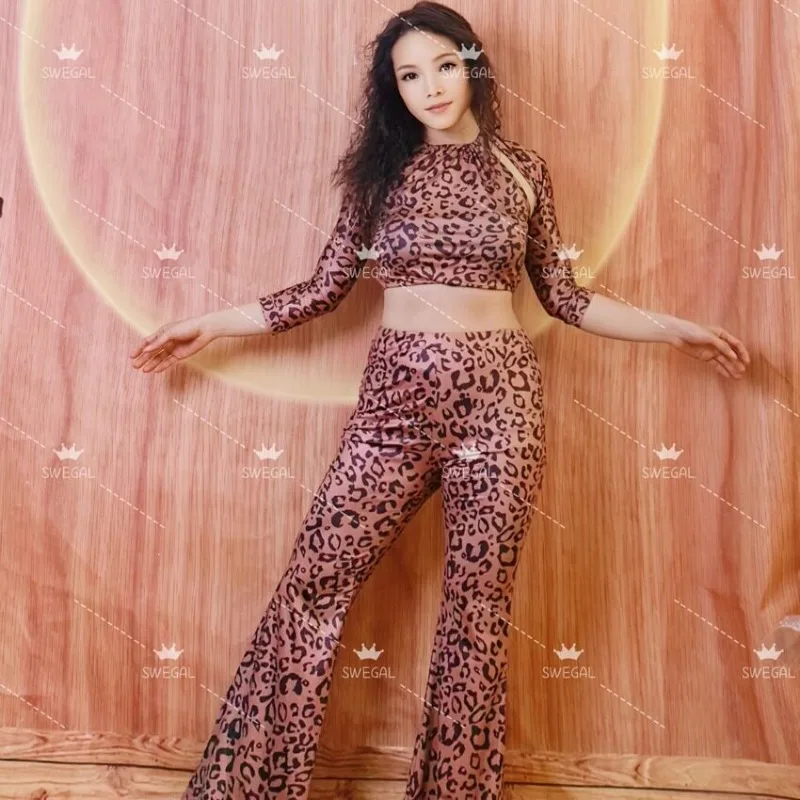 Customized Swegal Belly Dance  ClothingTraining Wear Set in Powder Beige Leopard Print Micro Flared Pants By Oriental Net