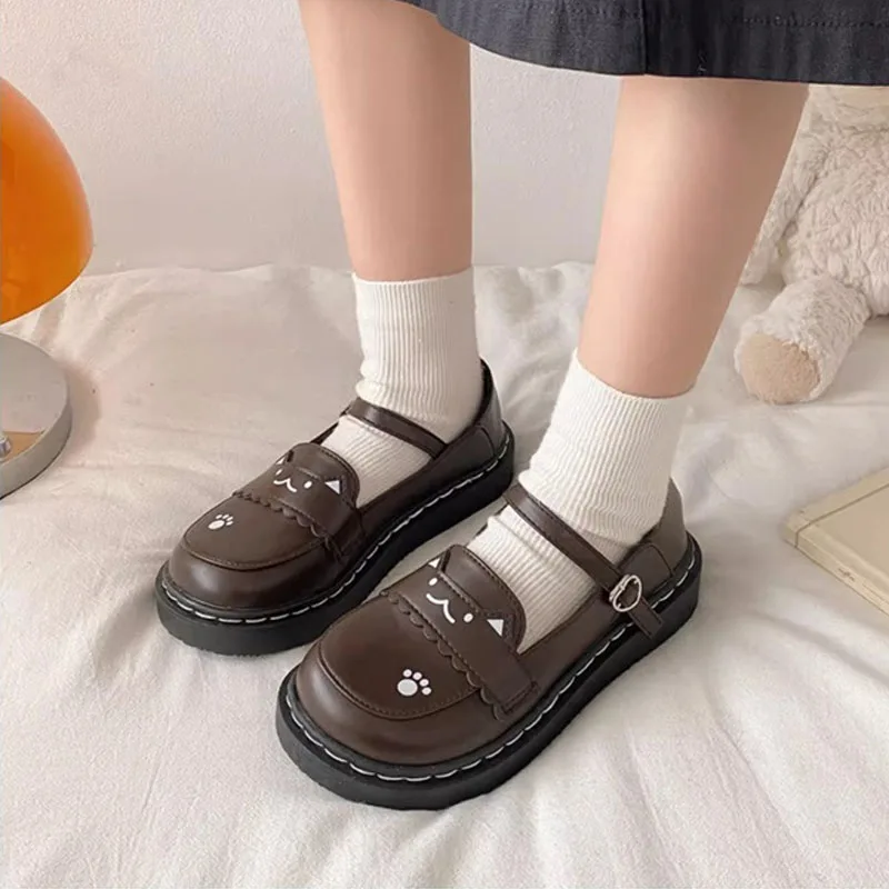 Cute Women's Lolita Shoes Cartoon Cat Heart-shaped Buckle Strap Mary Jane Shoes 3cm Low Heels Platform Faux Leather Thin Shoes view 2