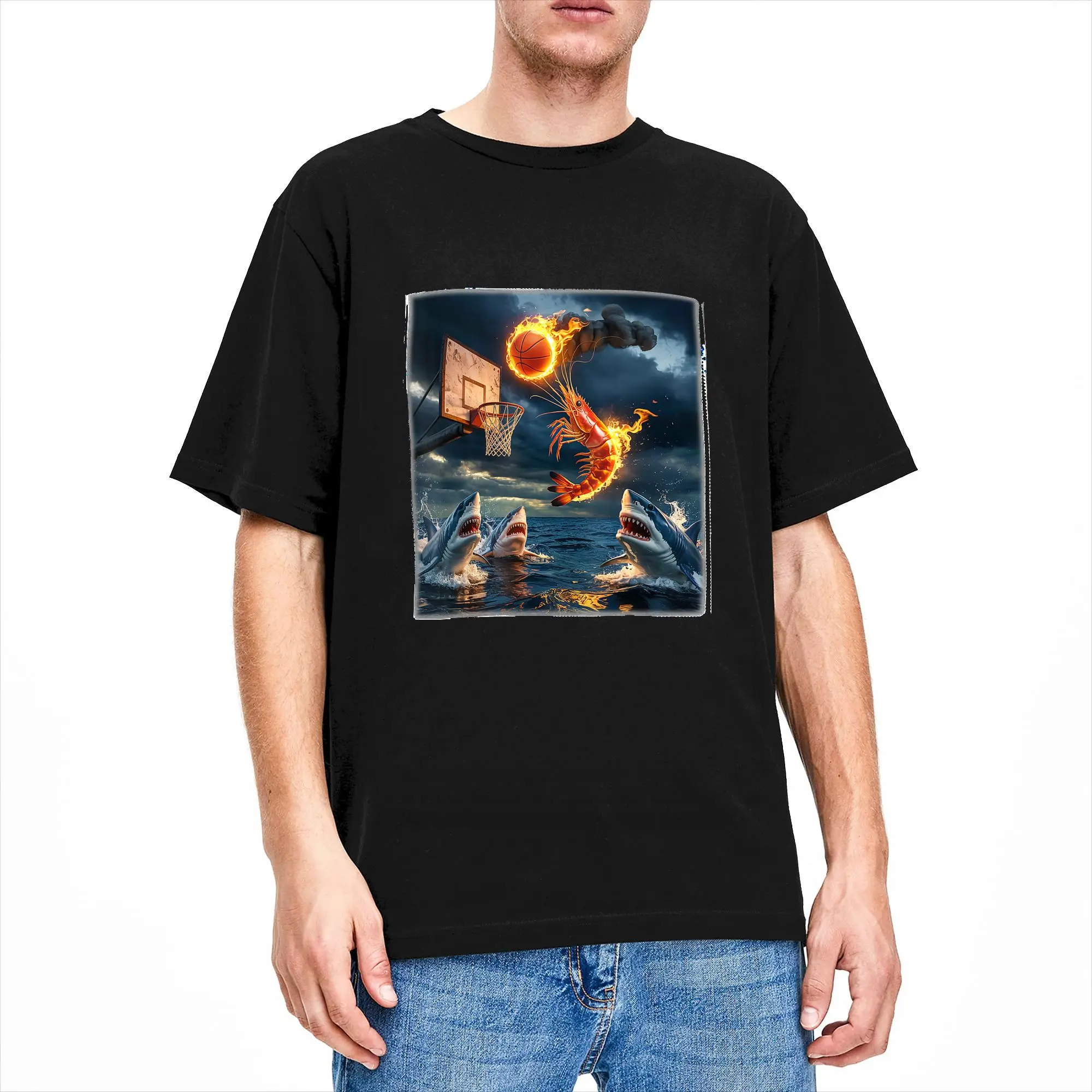 Shrimp Dunking On Shark Funny Fishing Meme T Shirt Summer  Y2K Basic T Shirt Pure Cotton Harajuku Tshirt For Men Casual Top Tees