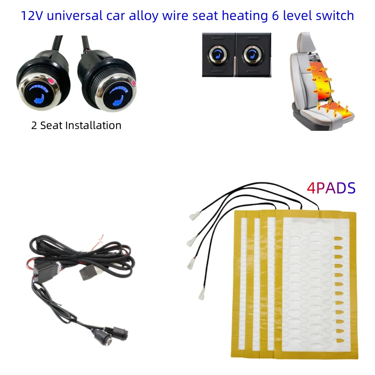 12V Universal Built-in Car Seat Heater Kit Fit 2 Seats Alloy Wire Fast Heating Pads 6-Levels Round Control Switch System