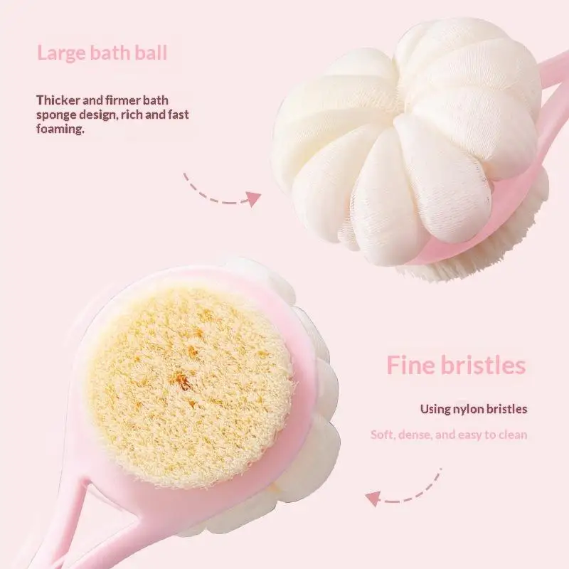 Double Sided Bath Brush Long Non-Slip Handle Exfoliating Nylon Bristle with Mesh Puff for Home Shower Use