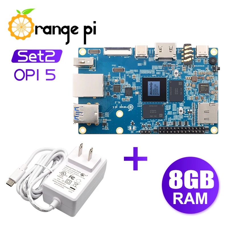 Orange Pi 5 8GB+5V4A Type-C Power Supply,SSD Single Computer Development Board