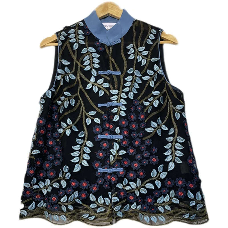 Spring And Summer New Chinese Style Sleeveless Top Retro Leaves Flower Embroidery Single-Breasted Loose Lady Vest M-XXL