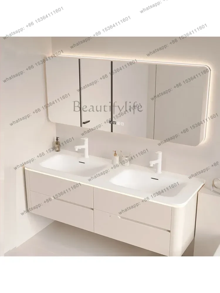 Integrated Double Basin Bathroom Cabinet Combination Smart Mirror Cabinet Arc Edge Wash Table Oak