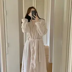 Coral Fleece Nightgown Women Winter Thickened Flannel Bathrobe Sexy Nightdress Female One-Piece Pajamas Homewear Robe