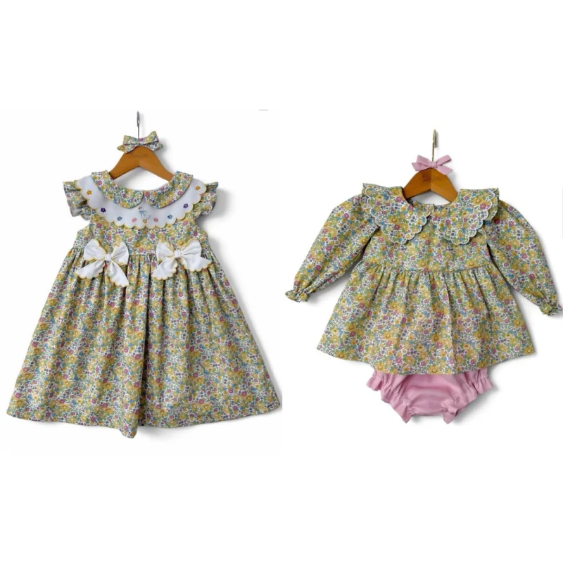 Baby Girl Floral Print Dress Short Long Sleeve Princess Party Dress With Hair Bow for Birthday Party Casual B683