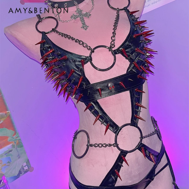 

Punk Y2K Hot Girl Gothic PU Leather Rivet Women's Bodysuit European American New Design Sexy Sweet Cool Furry Skirt Sets Ladies