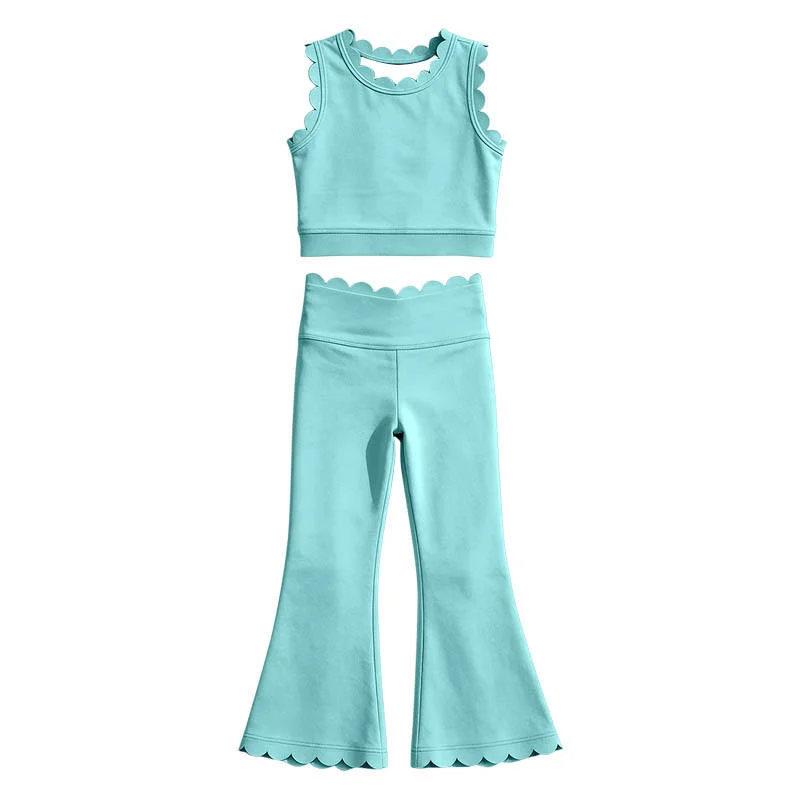 Baby Girls Solid Color Scallop Crop Tops Bell Flare Pants Outfits Boutique Kids Toddler Yoga Athletic Clothes Sets