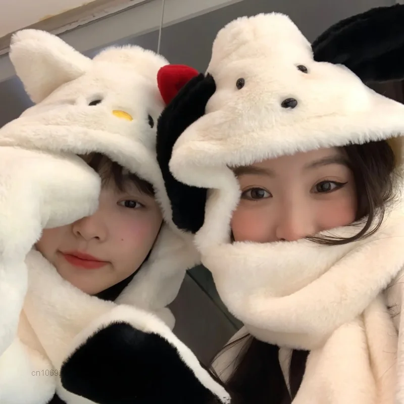 Sanrio Hello Kitty Pochacco Plush Scarf Hooded Women Kawaii Warm Scarves With Hat Glove Y2k Soft Fuzzy Scarf Girl Friends Gifts