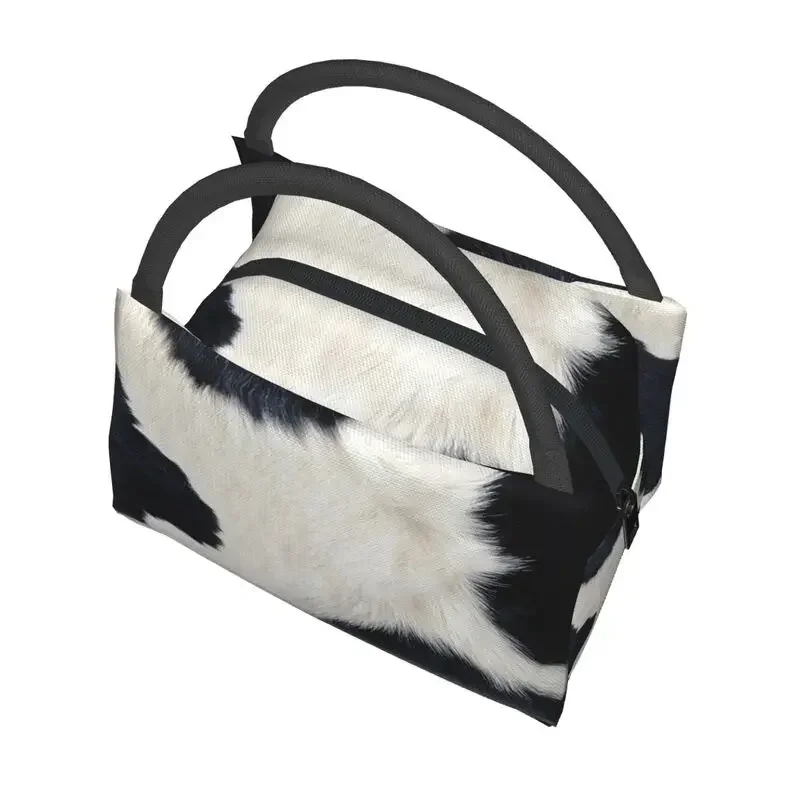 Print Black And White Cow Hide Insulated Lunch Bags for Women Simulated Cowhide Textured Portable Thermal Cooler Food Lunch Box