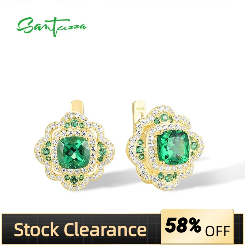 

SANTUZZA Silver Earrings For Women 925 Sterling Silver Sparkling Square Green Spinel White CZ Flower Luxury Trendy Fine Jewelry