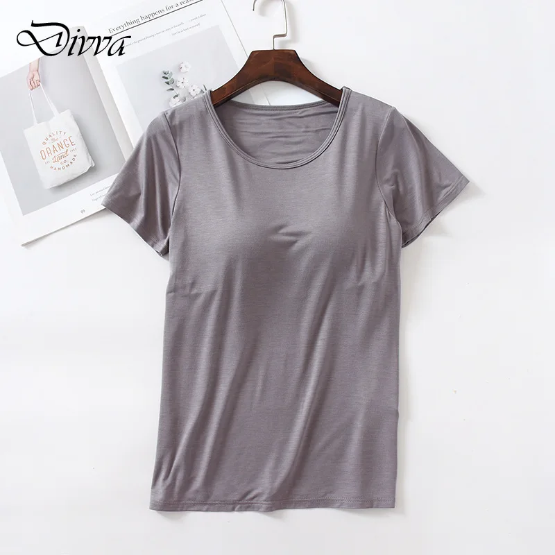 Sleep Tops Short sleeved T-shirt with Chest Pad Women Modal Cup One Piece Fitted Bottom Shirt Women\'s Top Round Neck No Wear Bra