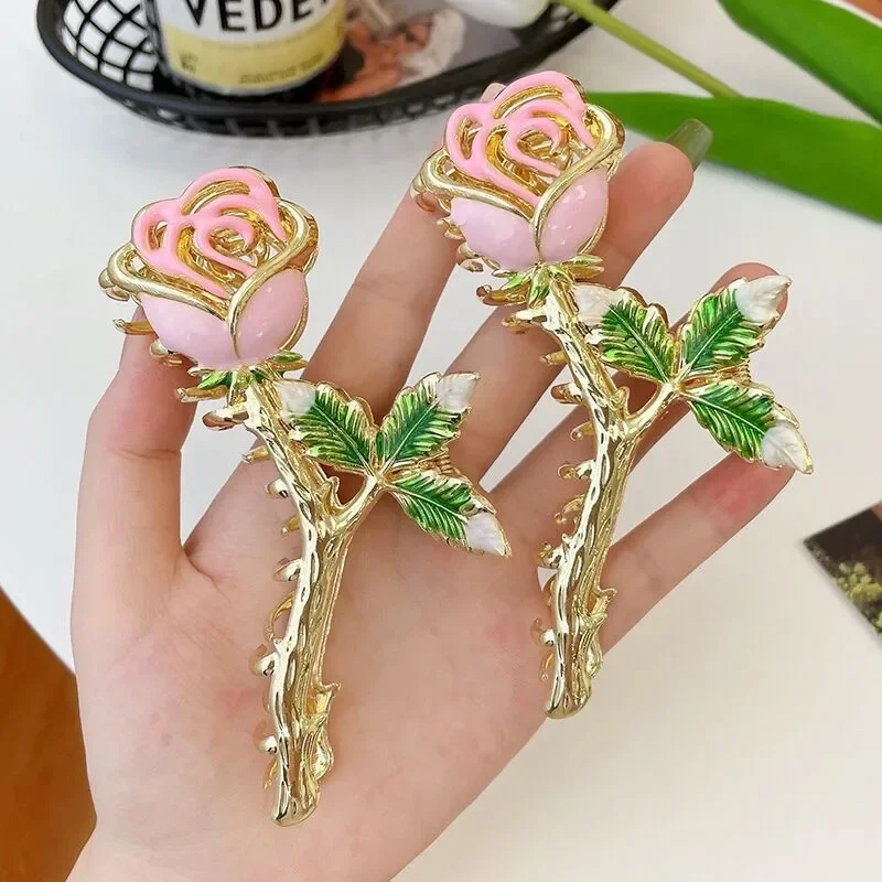 Pink Purple Rose Hair Claw Elegant Vintage Flower Hair Grab Clip Accessories Chinese Style Shark Clips Girls Hair Styling Tools