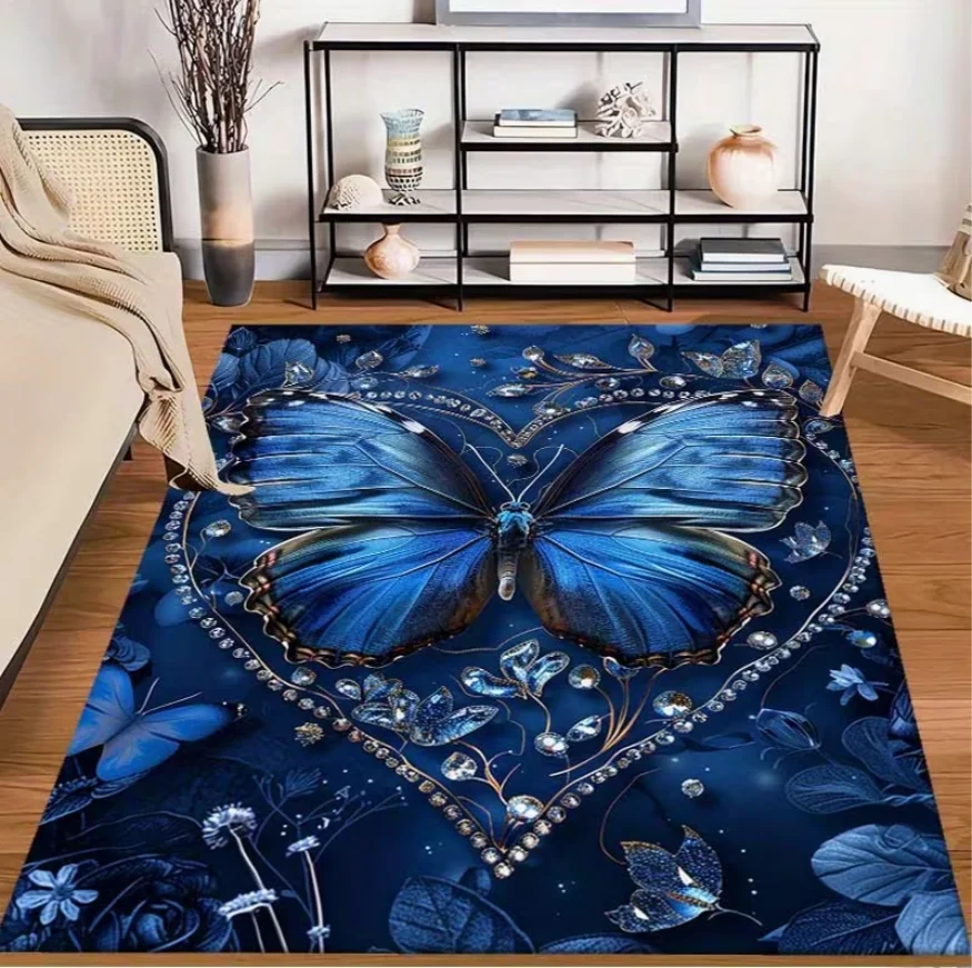 Living Room Rug Deep Blue Butterfly Diamond Luxury Theme Carpet Non-Slip Easy Clean Blue Tone Luxury Romantic  Home Decor Mat