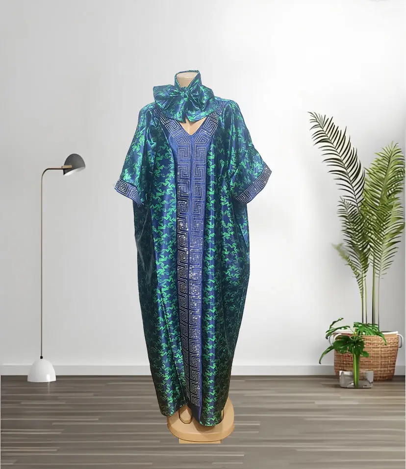 

Elegant Print Round Neck Kaftan African Cultural Short Sleeve Comfortable Fit Dashiki Dress