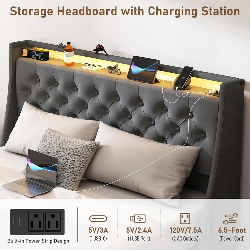 هيكل سرير معدني بحجم كوين مع لوح رأسي للتخزين و4 أدراج وأضواء LED ومحطة شحن #5