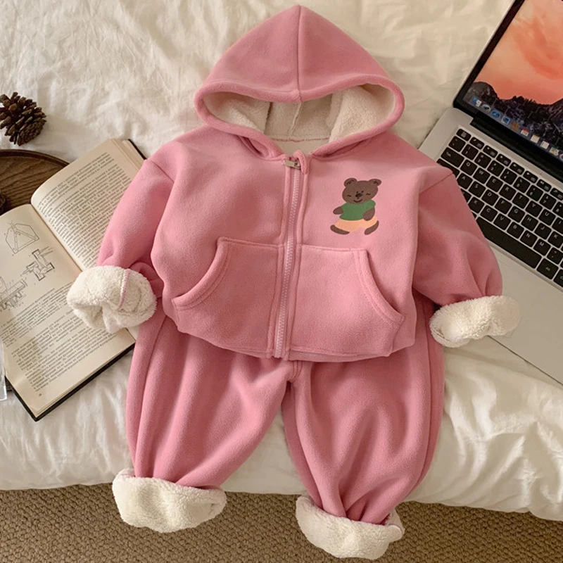 

Autumn Winter Baby Girls Boys Clothing Set Lining Plush Cartoon Bear Hooded Jacket+Pants 2Pcs For 1-5Y Kids Thick Warm Outfits