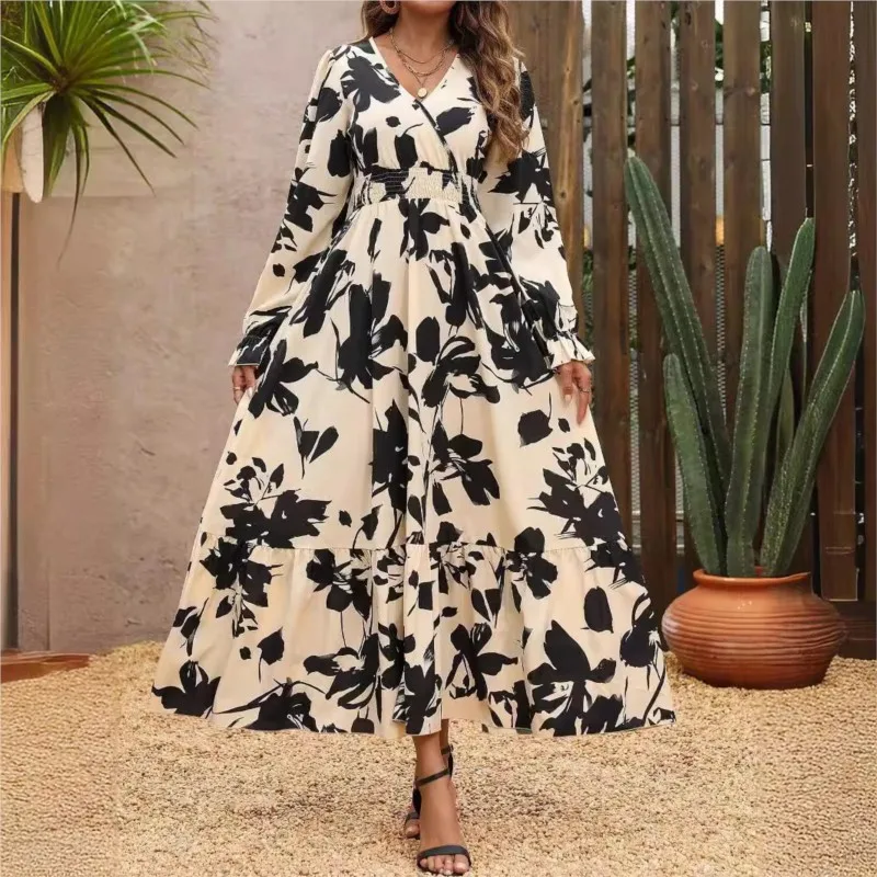 

Elegant Party Dresses Woman V Neck Long Sleeve Dress Floral Printed Ruffled Sleeves Pleated Dress Spring Autumn Women's Dresses