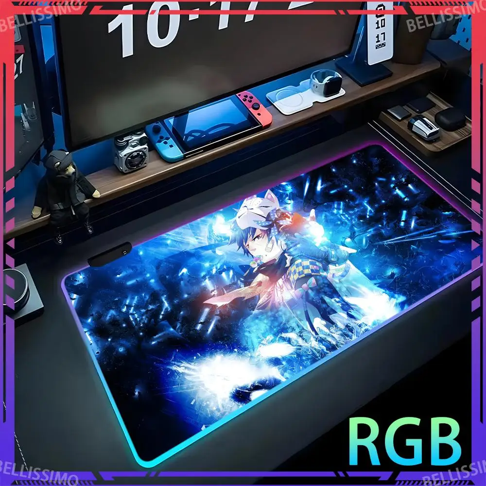 RGB B_Blue Exorcist Anime Rubber Office Accessories Gaming Computer Cabinet Game Keyboard Pad Cute Desk Mat Luminous Mouse Pad