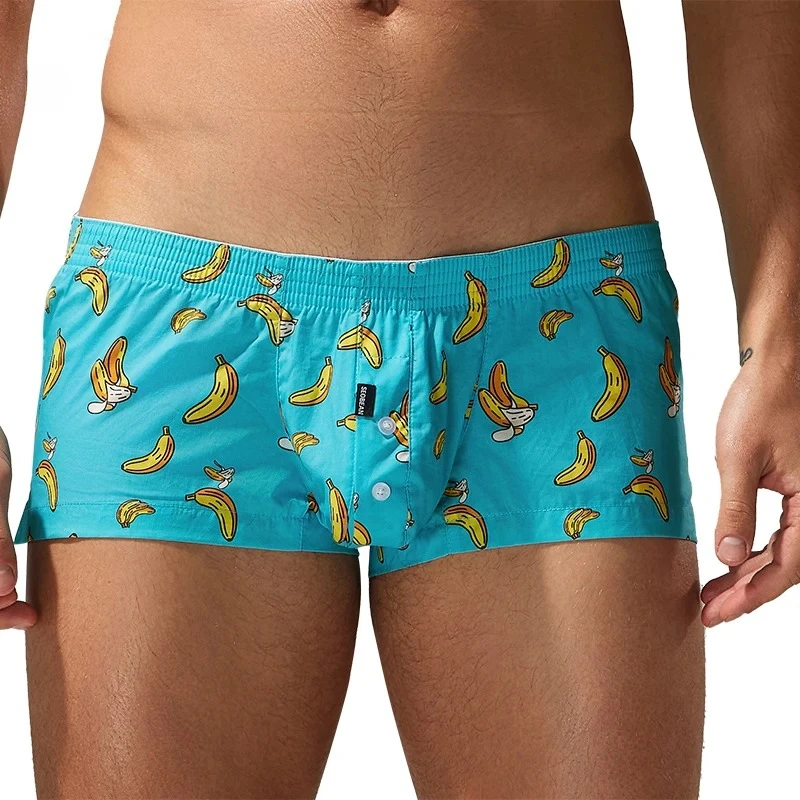 Banana Print Bulge Boxy Underwear for Men Cotton Breathable Boxer Shorts Loose-Fit Trunk Sexy Bulge Pouch Button Closure Panties