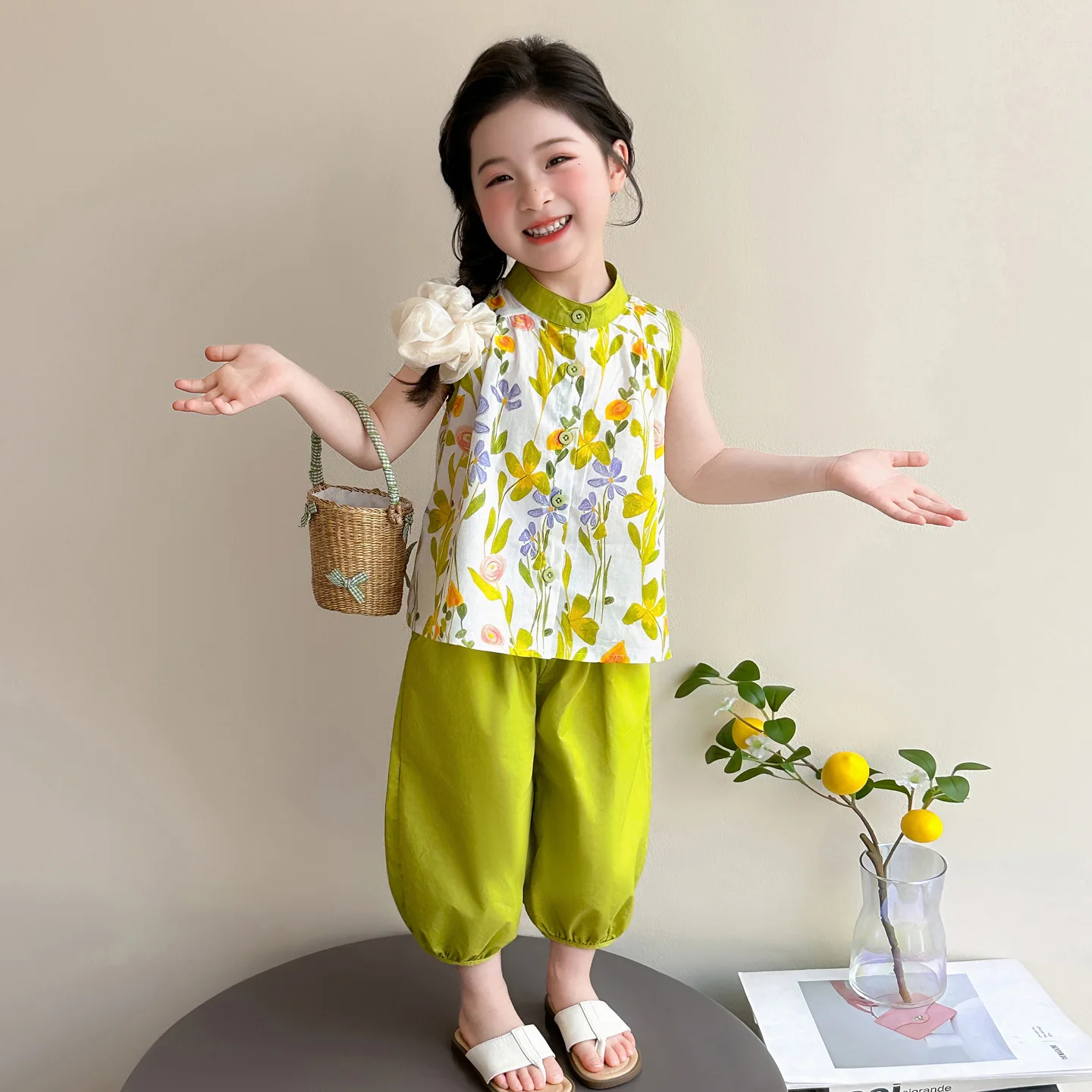 Girls' Countryside Style Set Summer 2026 New Girl Baby Stand up Collar Vest Children's Korean Two Piece Set