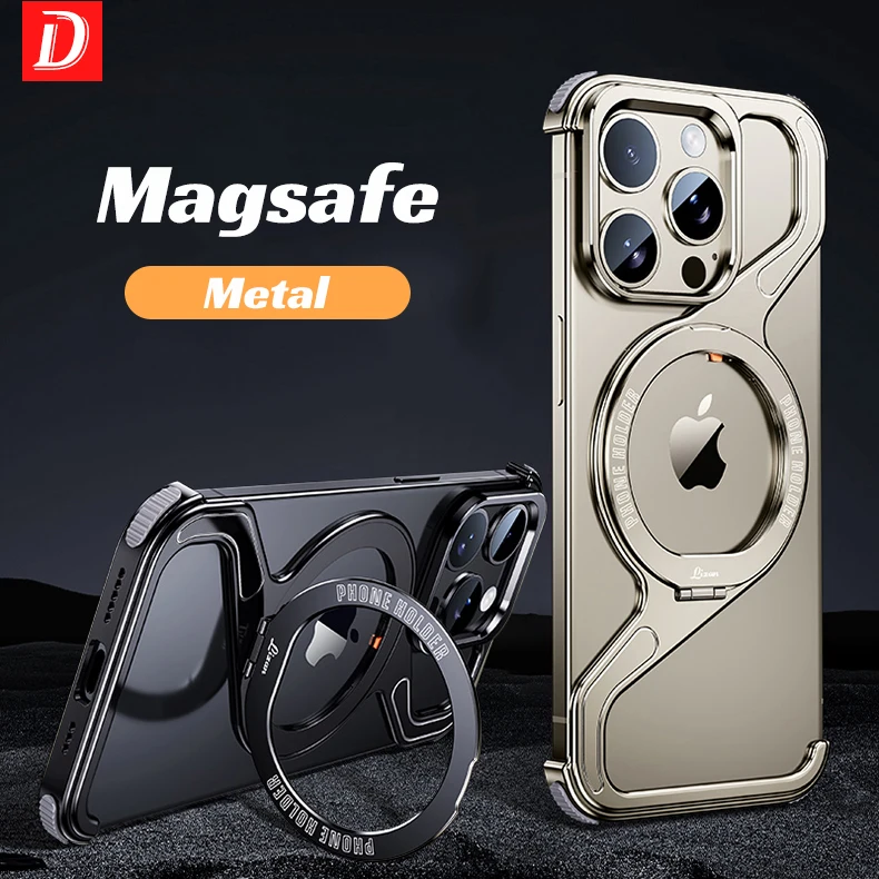 

Luxury Metal Z Shape Magnetic MagSafe Stand Phone Case For iPhone 15 13 14 Pro Max Removable Snap-on Rimless Shockproof Cover