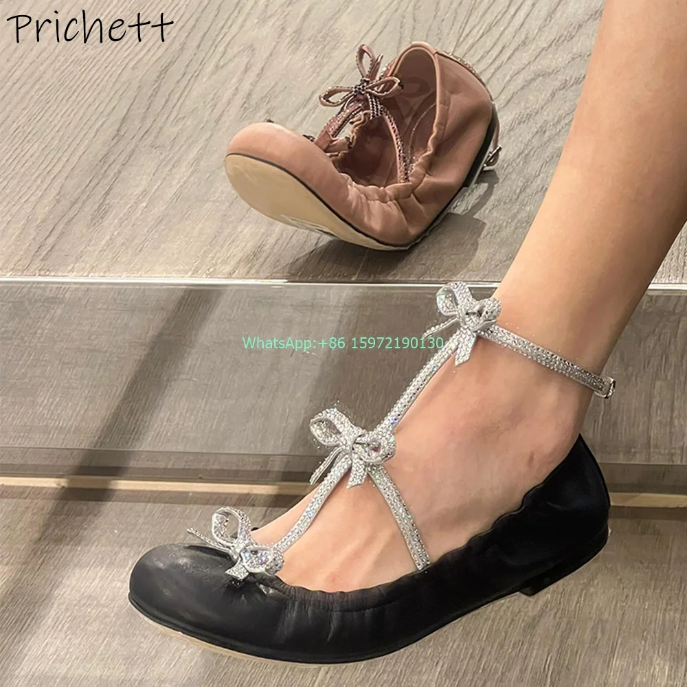 Soft Leather Crystal Butterfly Knot Pumps Pleated Round Toe Flat with Mary Jane Shoes Niche Design Fashion Bling Ballet Shoes