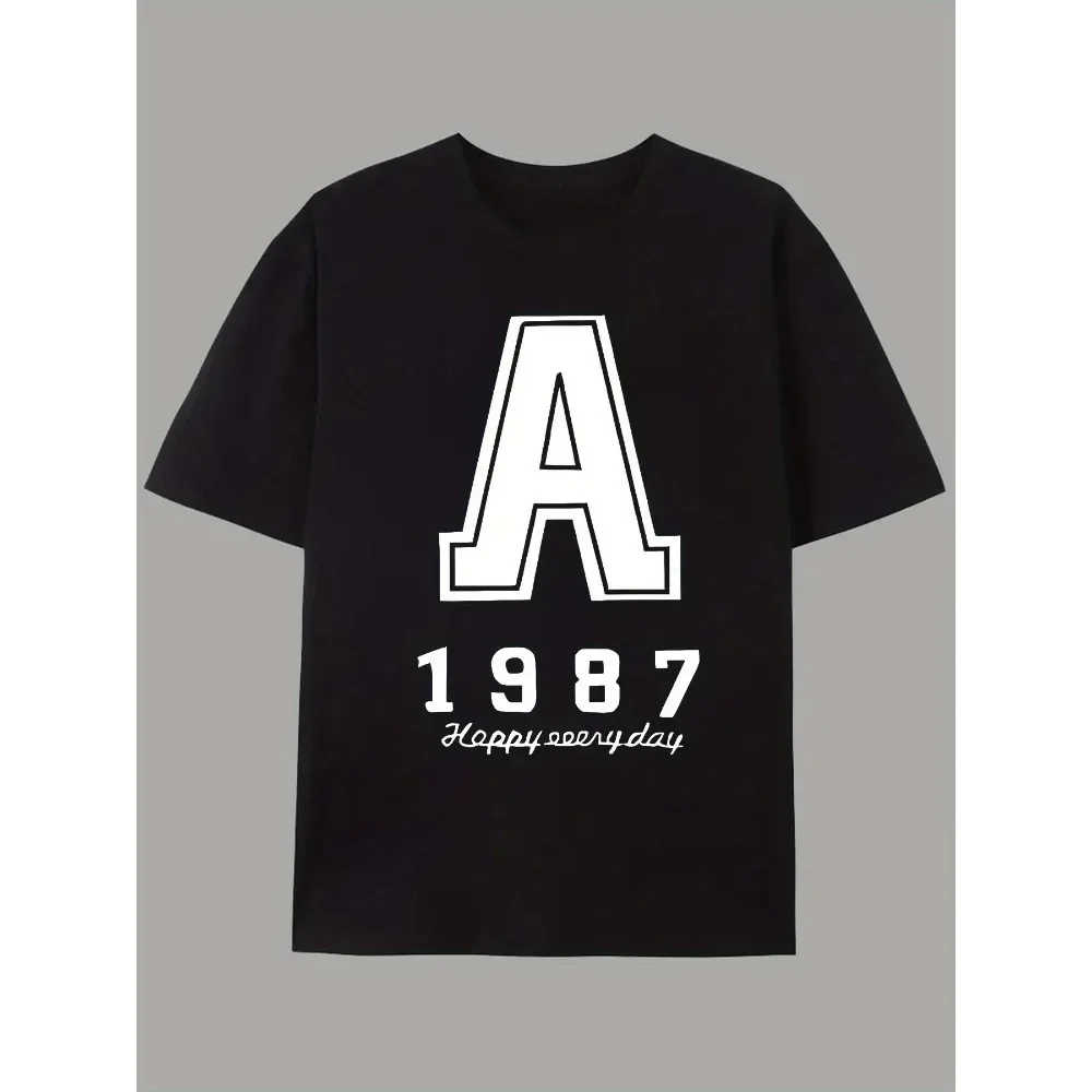 

Letter "A" and "1987" and "Happy Everyday" Text Print American Trendy Brand Design Graffiti Letter Print Short Sleeve T-Shirt