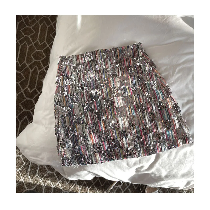 

Women Colorful Sequin Skirt Spring Summer Patchwork Applique High Waist A-Line Half Body Skirts Fashion Slim Short Dress