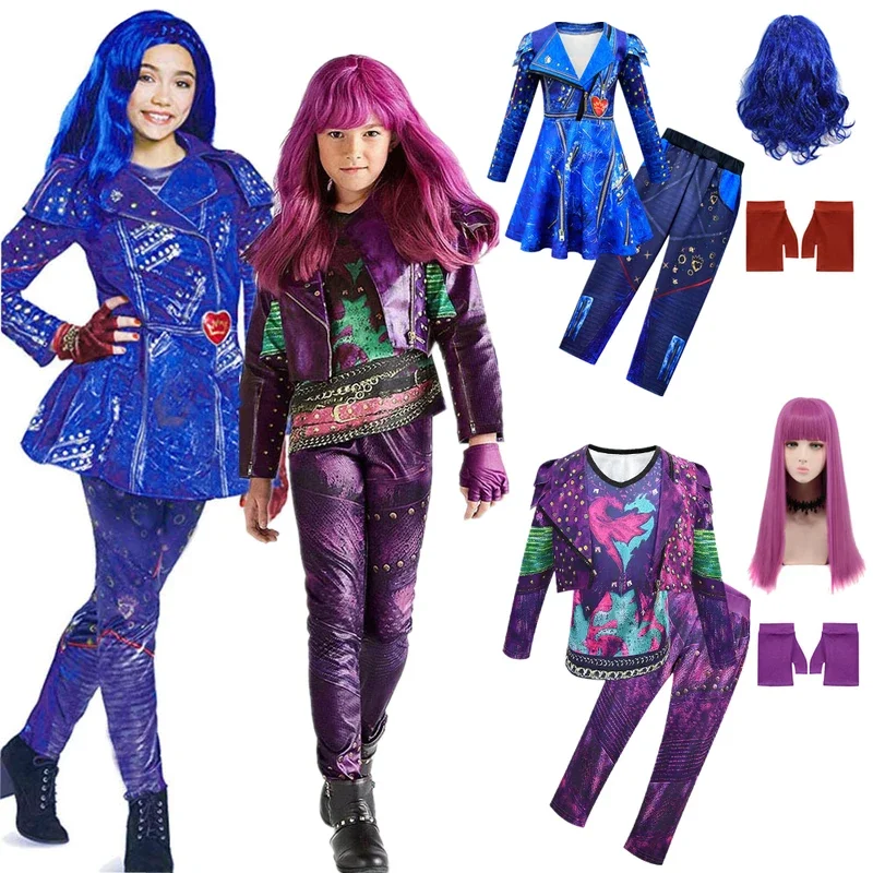 Girls Descendants 3 Mal Costume for Girls Evie Cosplay Costume Childs Fantasia Halloween Clothes Wig Birthday Party Fancy Dress