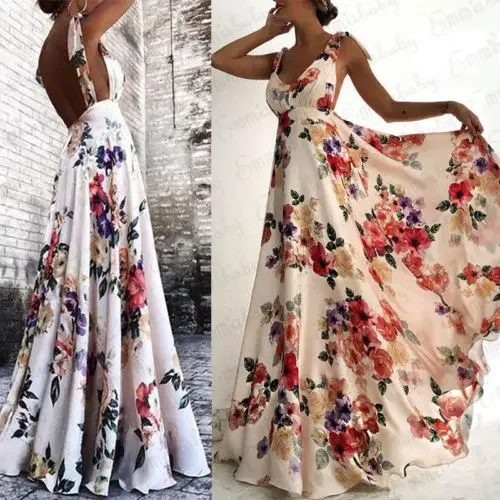 Pop Fashion Summer Women Boho Abito lungo maxi senza schienale senza maniche con scollo a V Abito a fiori Abiti da spiaggia per feste da sera Vestito estivo
