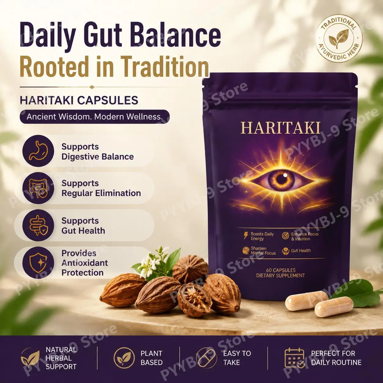 Haritaki Third Eye Capsules for Digestive Balance & Regular Gut Support with Antioxidant Protection, 60 Organic Veggie Capsules