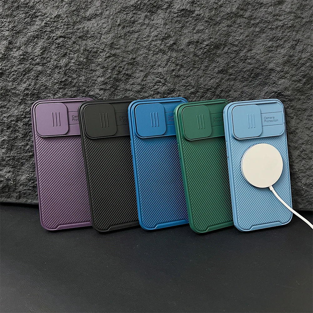 Luxury Slide Camera For MagSafe Magnetic Stripe Armor Case For iPhone 15 14 13 12 Pro Max Plus Mini 11 Wireless Charging Cover