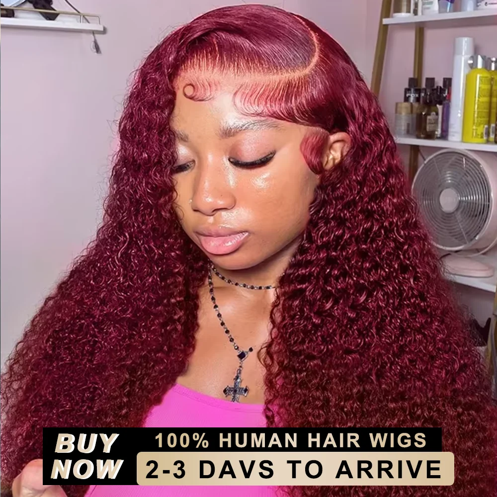 

40 42 Inch Burgundy Curly Wigs 13x4 99J Lace Frontal Wig 250 Density Deep Wave 13x6 Transparent HD Lace Front Human Hair Wig