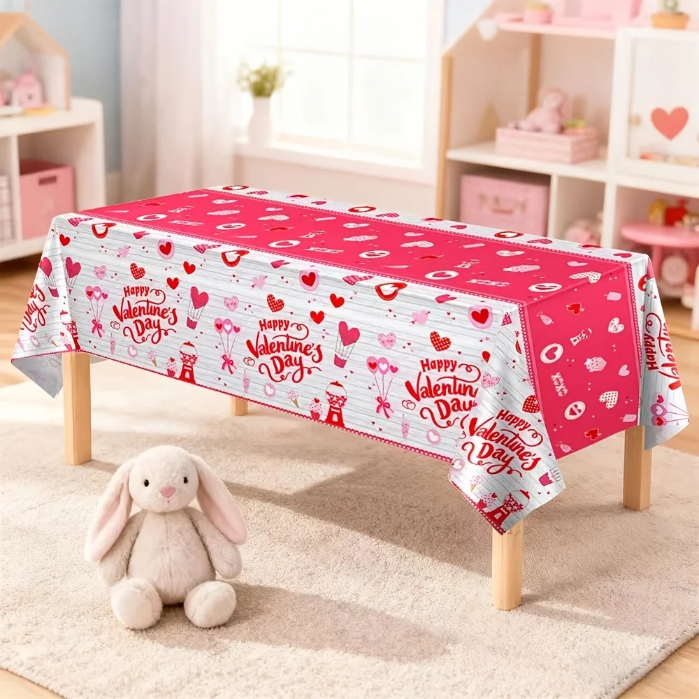 Disposable Heart Print Tablecloth 108×54 Inch(274×137cm), Romantic Heart‑Pattern Table Cover for Valentine’s Day Wedding Proposa
