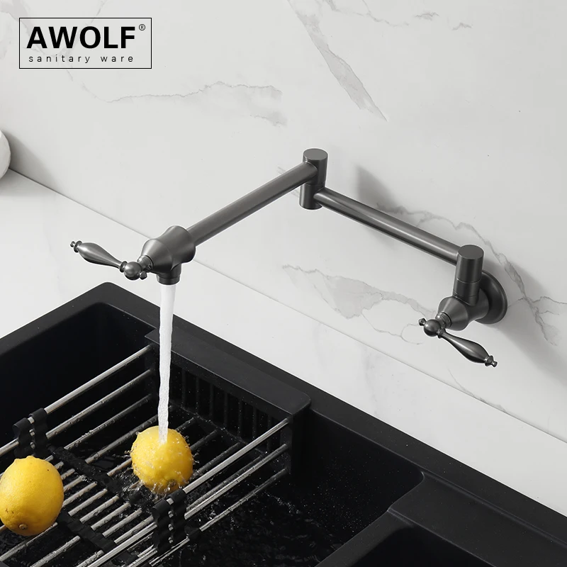 Awolf Pot Filler Solid Brass Kitchen Folding Faucet Brushed Grey Wall Mounted 360 Degree Rotation Tap Rose Gold Chrome FW011