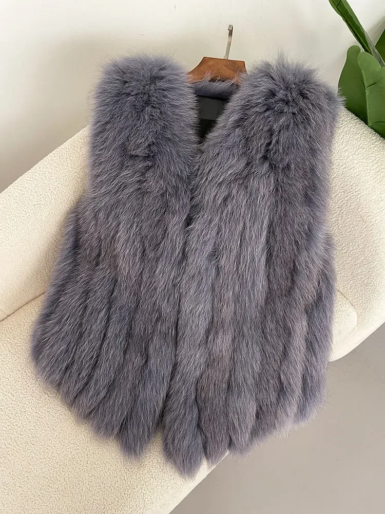 Fashion 2024 Winter Real Fox Fur Women Vest Natural Leathers Thick Warm Coat Sleeveless Double-faced Elegant V-neck Jackets