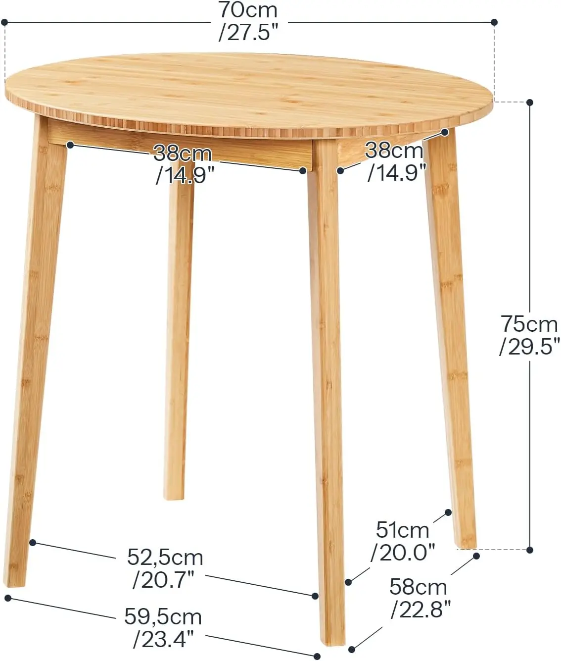 Bamboo Dining Table, Round Dining Table for 2, 27.5