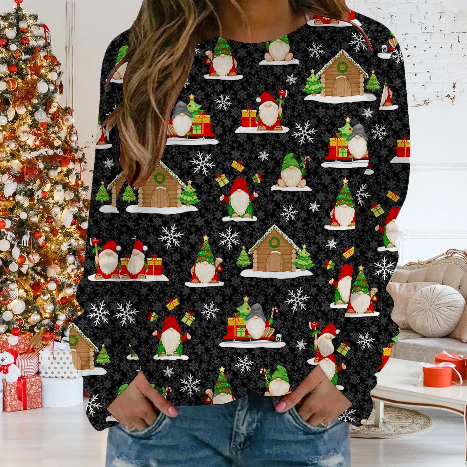 2024 Women Christmas Elements Father Christmas And Snowflakes Printed Round Neck Top Casual Loose Fitting Long Sleeved Hoodie