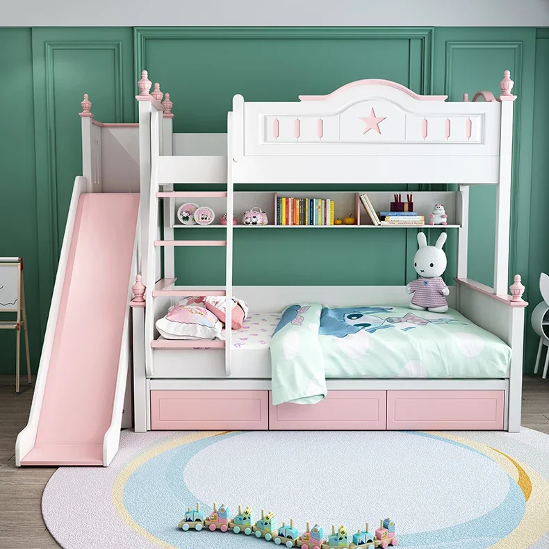 Modern childlike princess solid wood bunk bed simple 1.5m pink children girl bed with slide