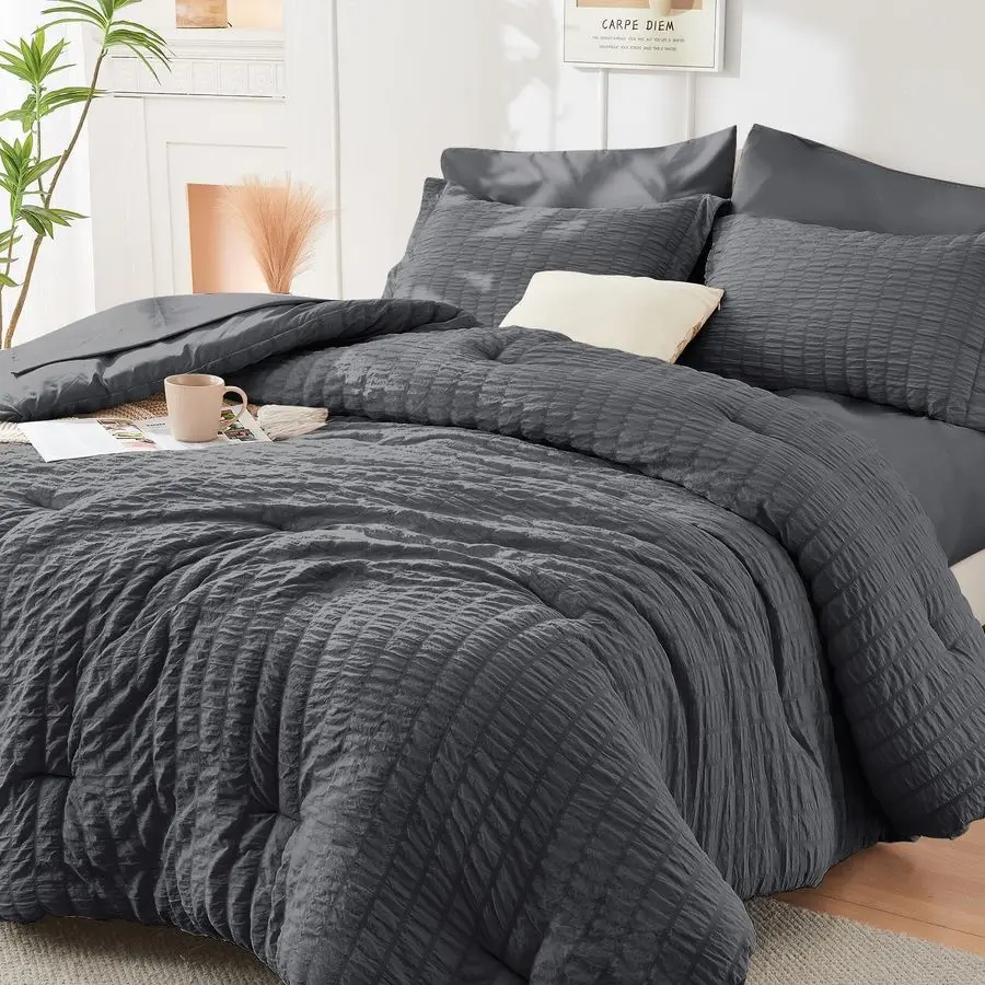 

Oversized Queen Comforter Set Seersucker 7 Pieces, All Season Luxury Bed in a Bag for Bedroom, Bedding Set with Comforter, Sheet