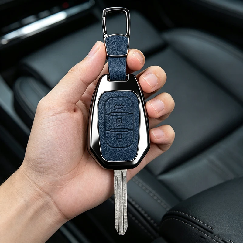 Metal Leather Car Key Cover Case for Renault Kwid Traffic Symbol Dacia Sandero Duster Logan Protection Shell Accessories