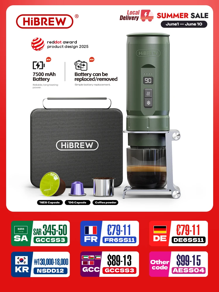 Machine à café expresso portable HiBREW H4C 3-en-1, cafetière de voyage, batterie lithium 7500 mAh, auto-chauffante, compatible capsules NS DG et café moulu