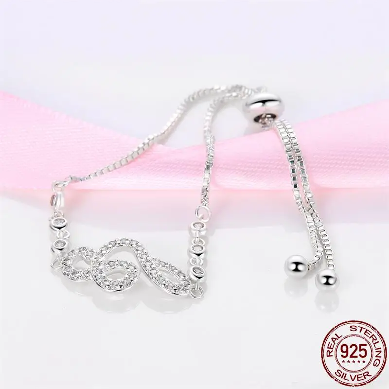 Luxury 925 Sterling Silver Music Symbol Bracelets Heart Zircon Chain Bracelet Rhinestone Bangle For Women Wedding Bridal Jewelry
