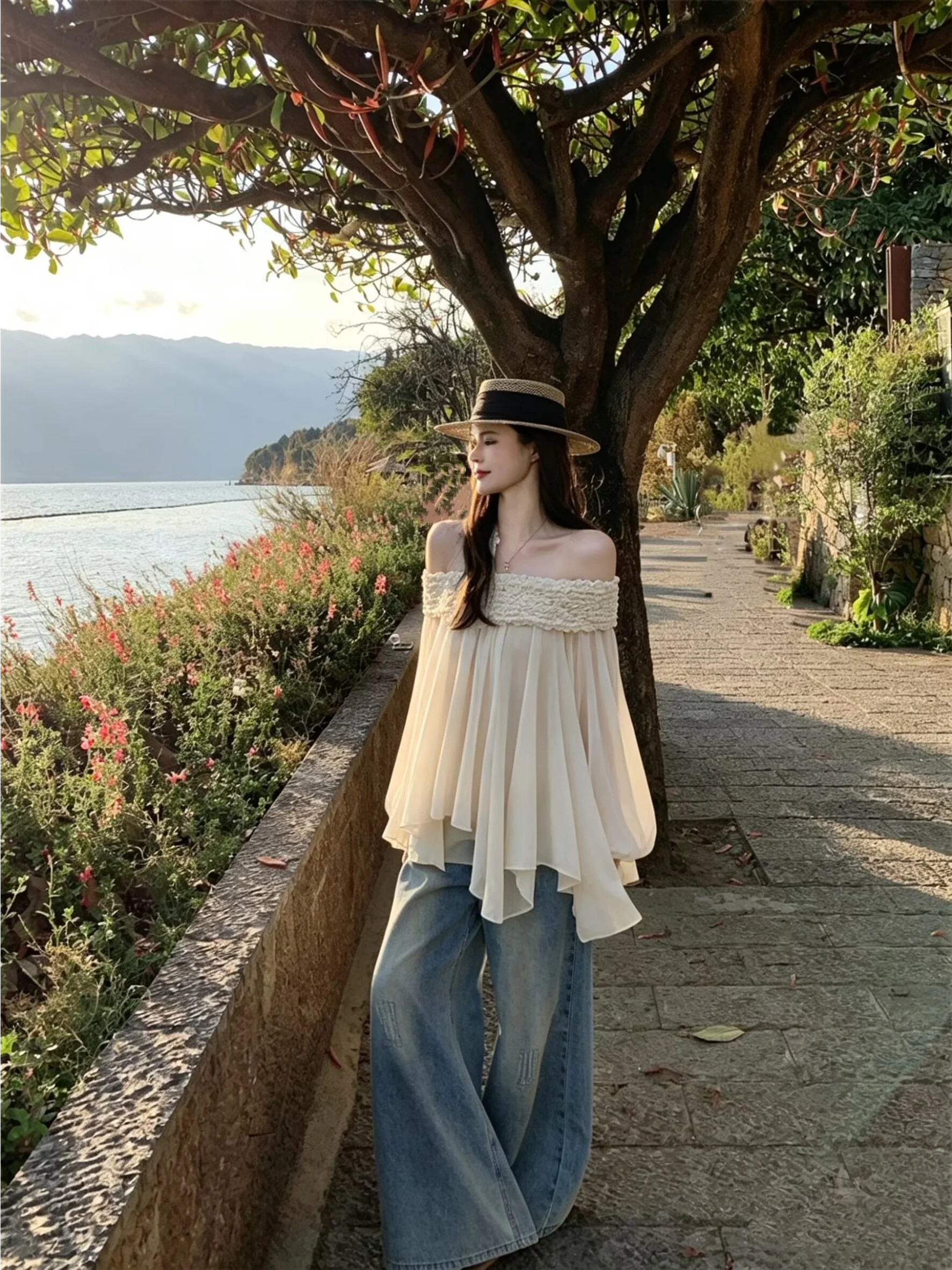 

Fairy Style Asymmetrical Loose Chiffon Shirt Women's Spring 2026 New One-Shoulder Long Sleeve Top Elegant Casual Fashion