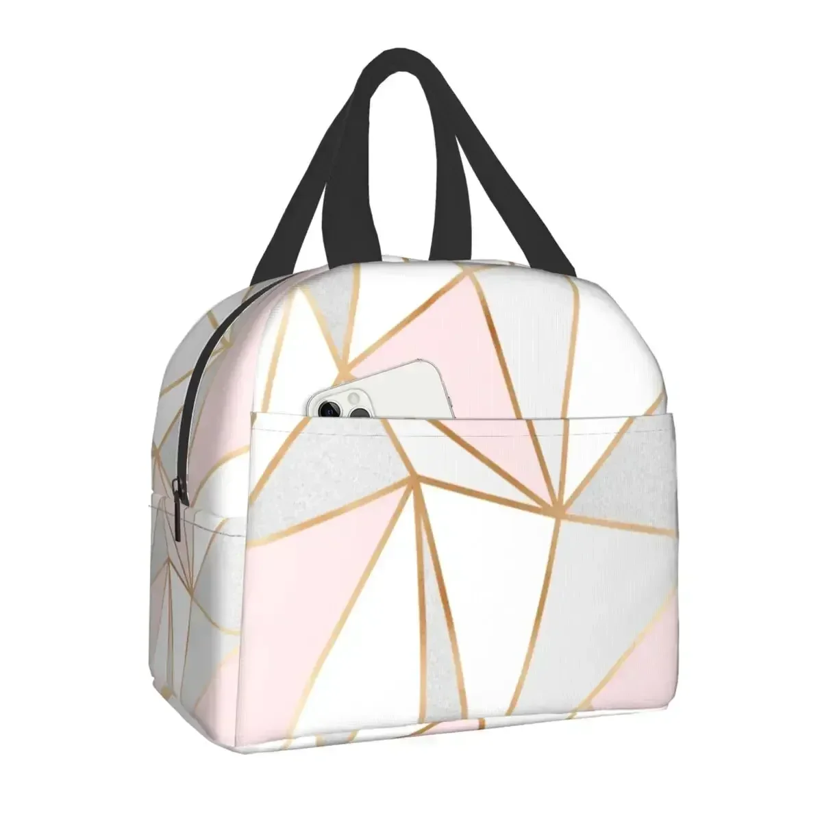 Pink Grey Gold Geometric Abstract Pattern Insulated Lunch Bag for Women Geometry Portable Thermal Cooler Food Lunch Box for Work
