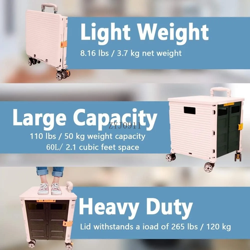 FELICON SELORSS Foldable Utility Cart Folding Portable Rolling Crate Handcart with Durable Heavy Duty Plastic Telescoping Handle